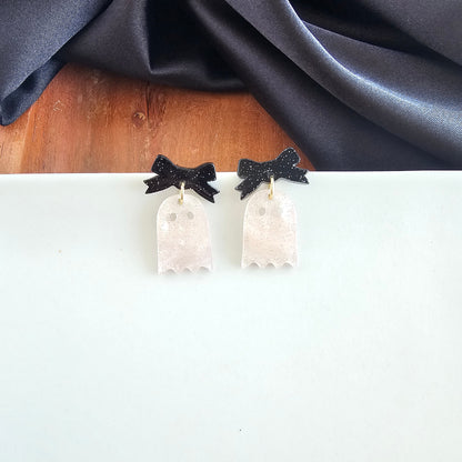 Mini Bow Ghost Earrings - Light Pink Shimmer
