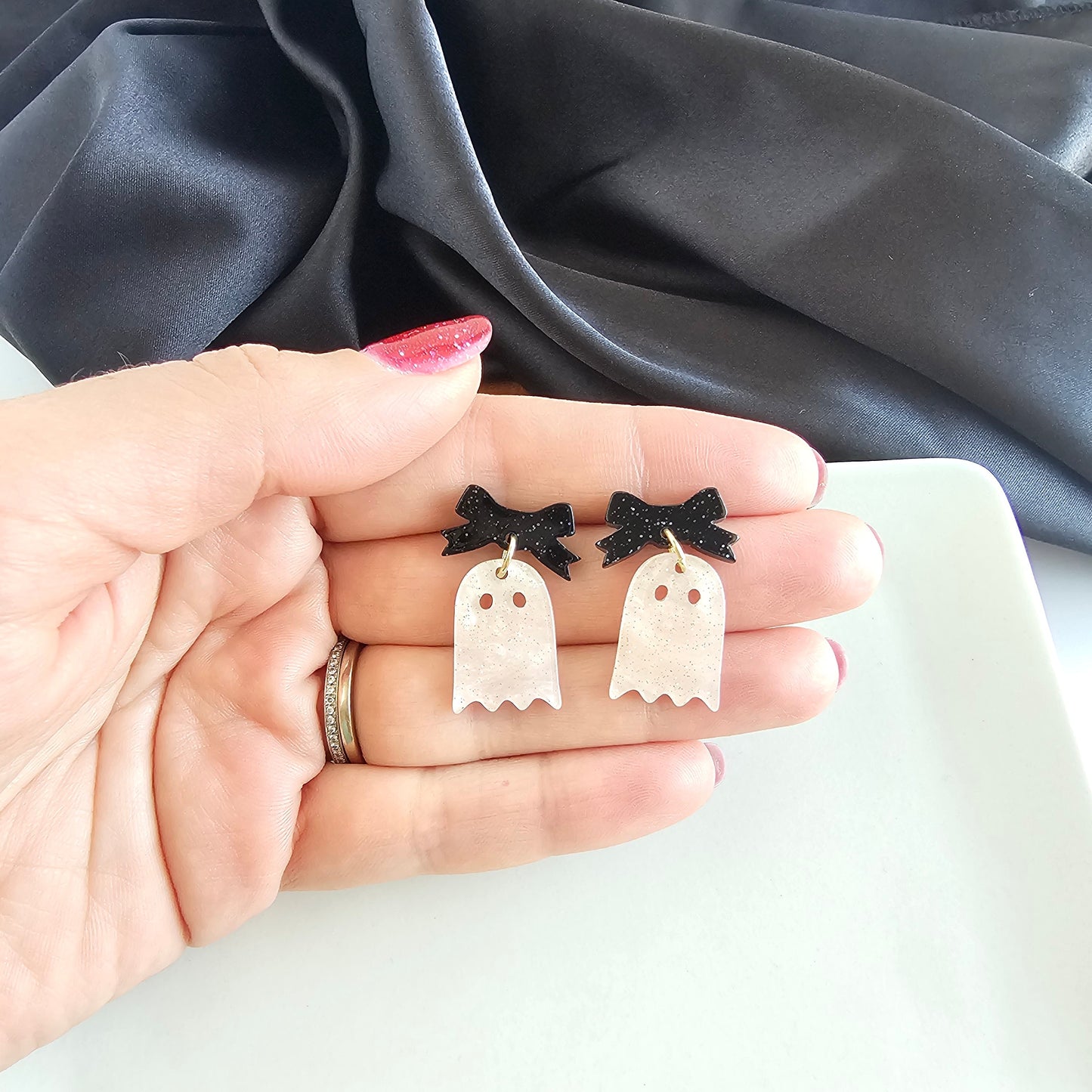 Mini Bow Ghost Earrings - Light Pink Shimmer