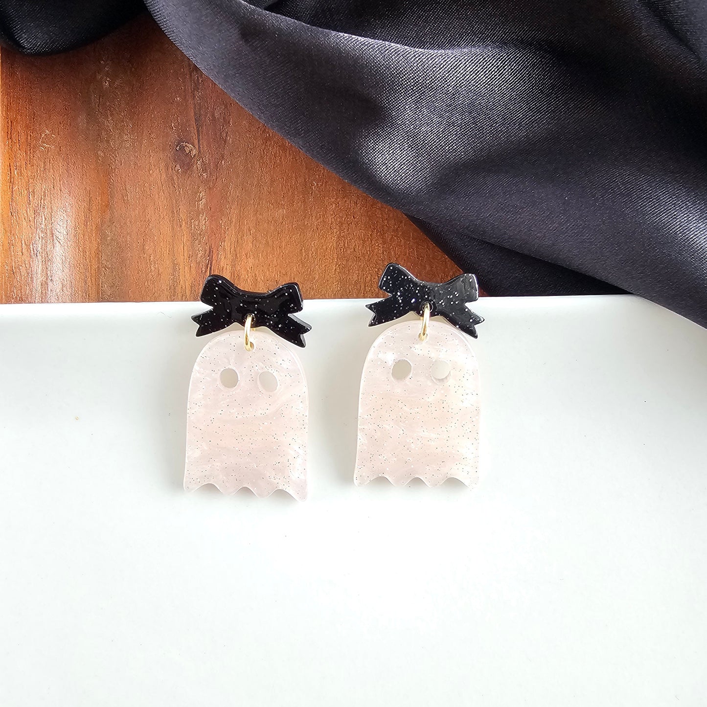 Bow Ghost Earrings - Light Pink Shimmer
