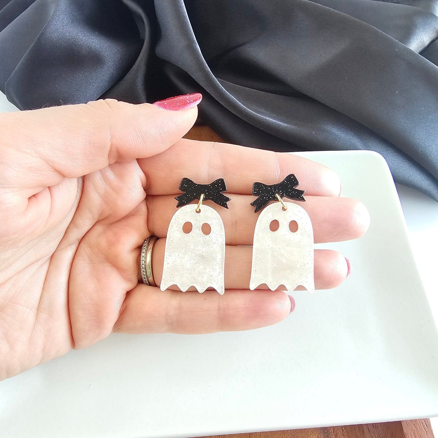 Bow Ghost Earrings - White Shimmer