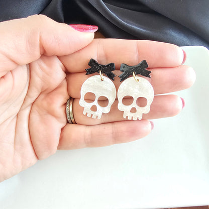 Bow Skeleton Earrings - White Shimmer