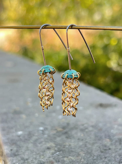 Mini Green Jellyfish Earrings with White Pearls and Sterling Silver Earwires