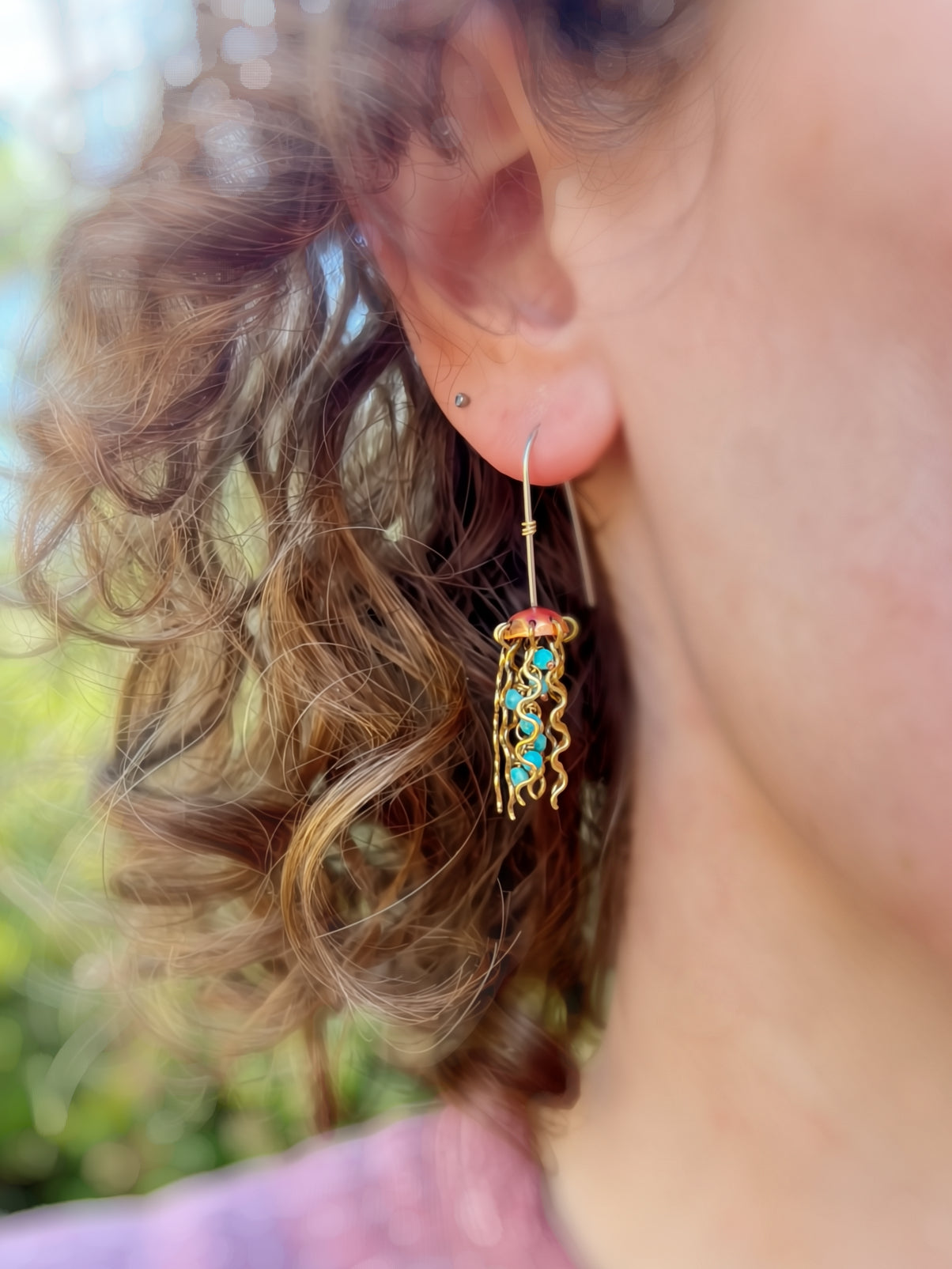 Mini Red Copper Jellyfish Earrings with Turquoise Beads and Sterling Silver Earwires