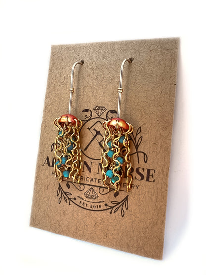 Mini Red Copper Jellyfish Earrings with Turquoise Beads and Sterling Silver Earwires