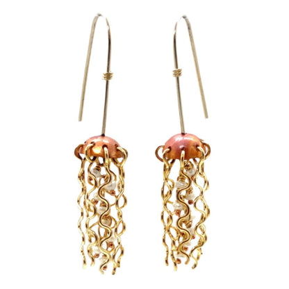 Mini Red Copper Jellyfish Earrings with White Pearls and Sterling Silver Earwires