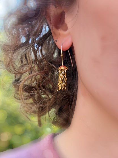 Mini Red Copper Jellyfish Earrings with White Pearls and Sterling Silver Earwires