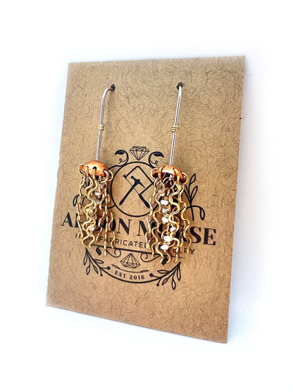 Mini Red Copper Jellyfish Earrings with White Pearls and Sterling Silver Earwires