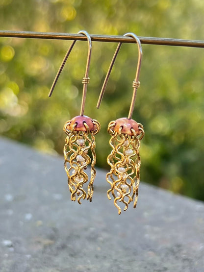 Mini Red Copper Jellyfish Earrings with White Pearls and Sterling Silver Earwires
