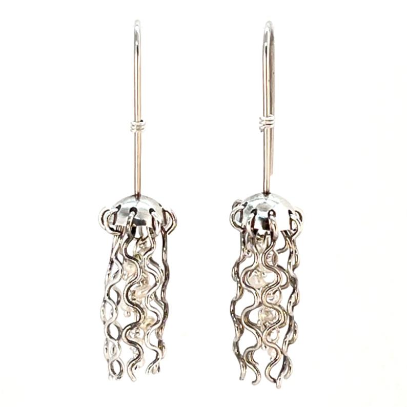 Mini Jellyfish Earrings in Sterling Silver with White Pearls