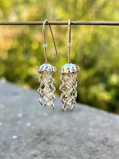 Mini Jellyfish Earrings in Sterling Silver with White Pearls
