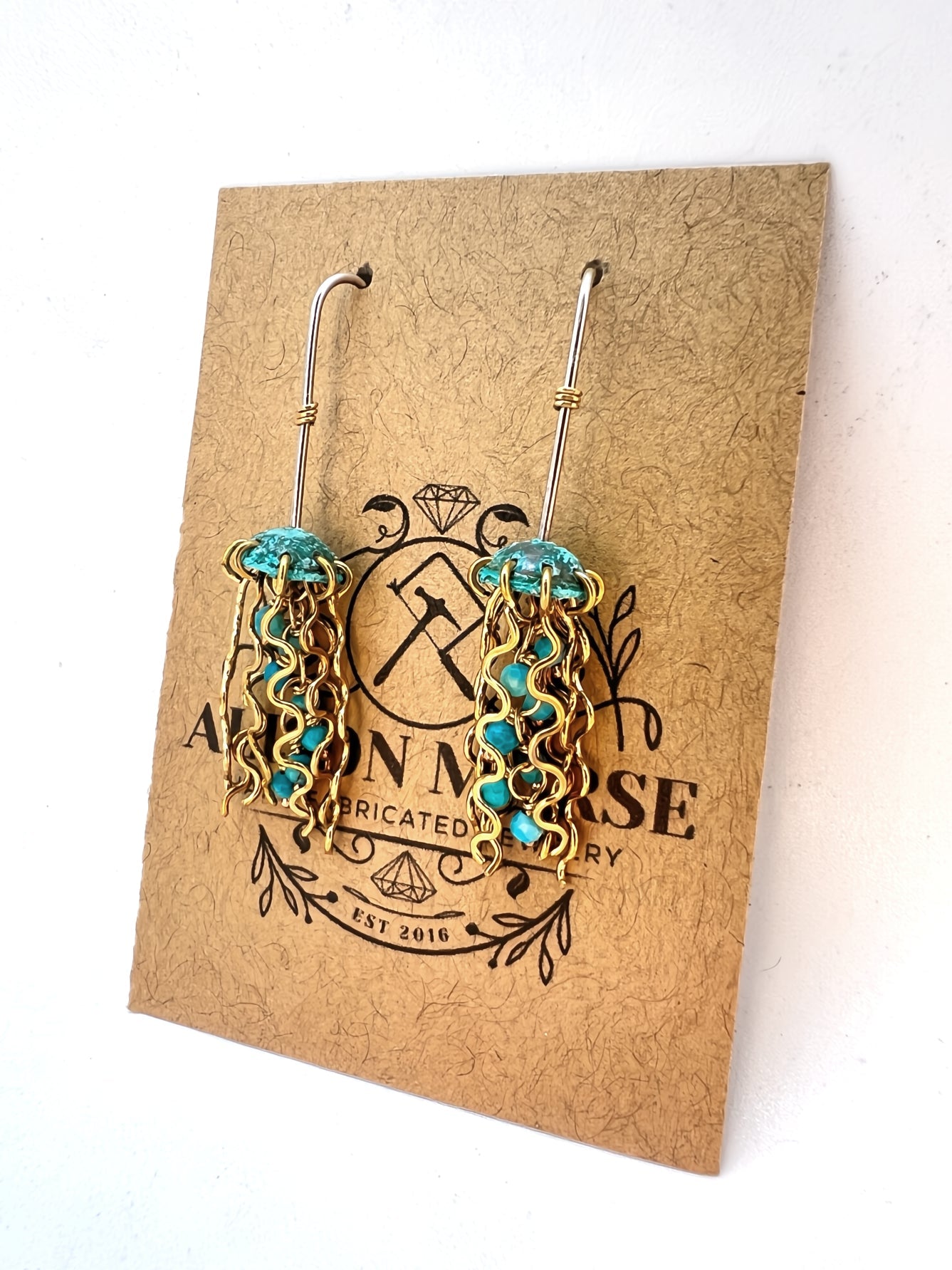 Mini Green Jellyfish Earrings with Turquoise Beads and Sterling Silver Earwires