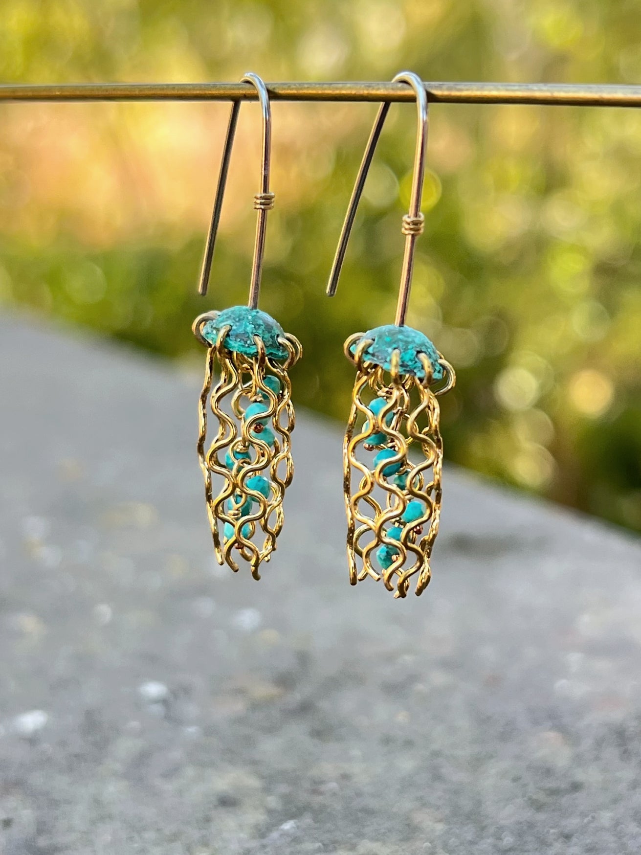 Mini Green Jellyfish Earrings with Turquoise Beads and Sterling Silver Earwires