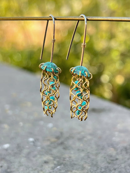 Mini Green Jellyfish Earrings with Turquoise Beads and Sterling Silver Earwires