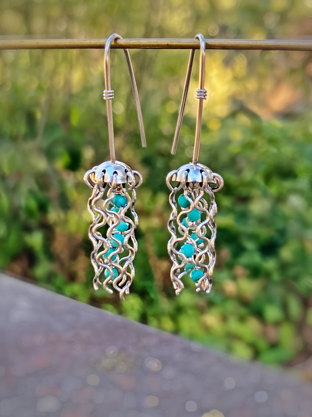 Mini Jellyfish Earrings in Sterling Silver with Turquoise Beads