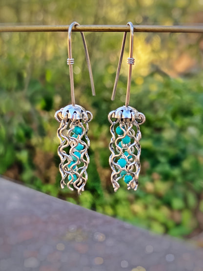 Mini Jellyfish Earrings in Sterling Silver with Turquoise Beads