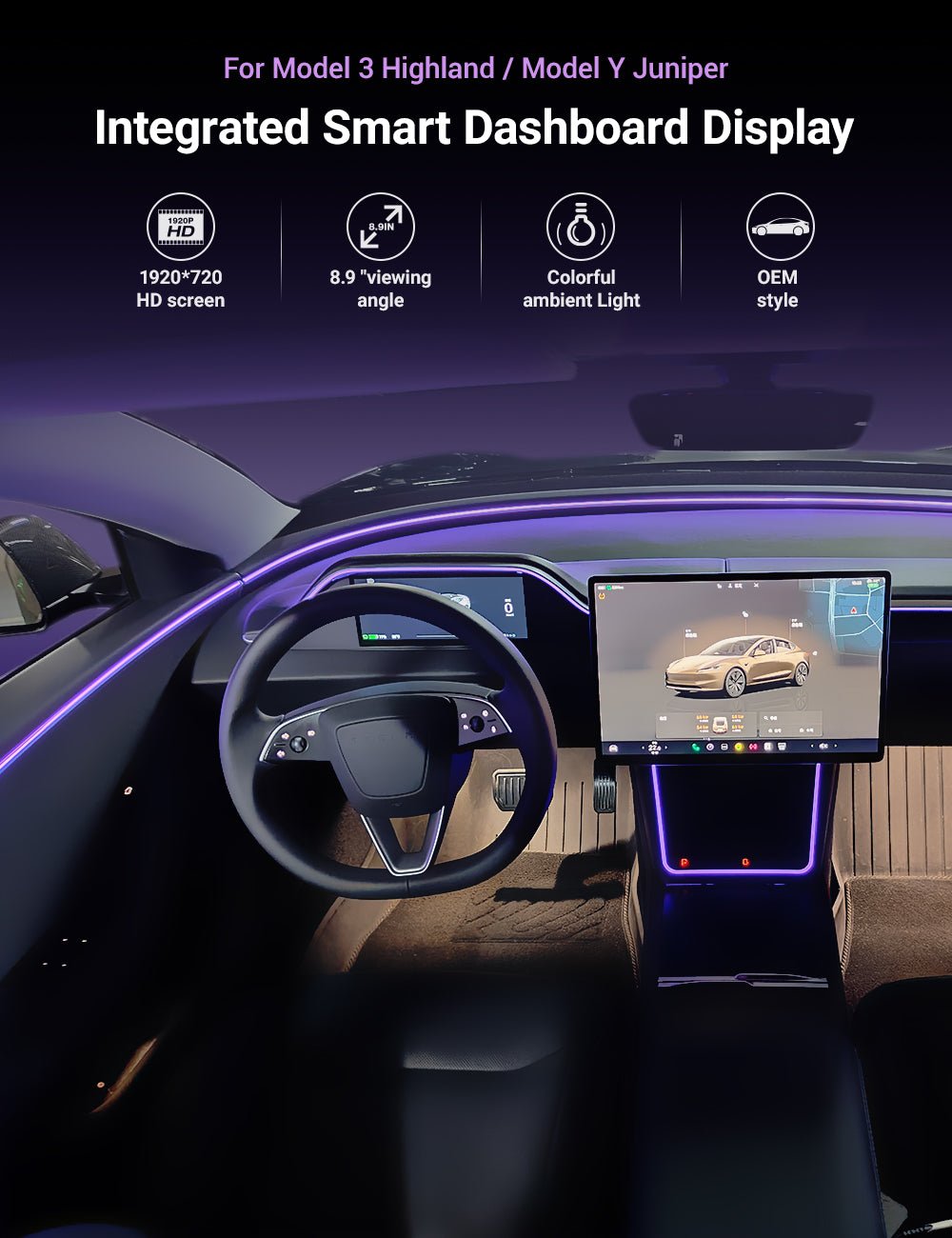 TESERY 8.9'' Integrated Dashboard Display with Ambient Lighting for Model 3 Highland / Model Y Juniper