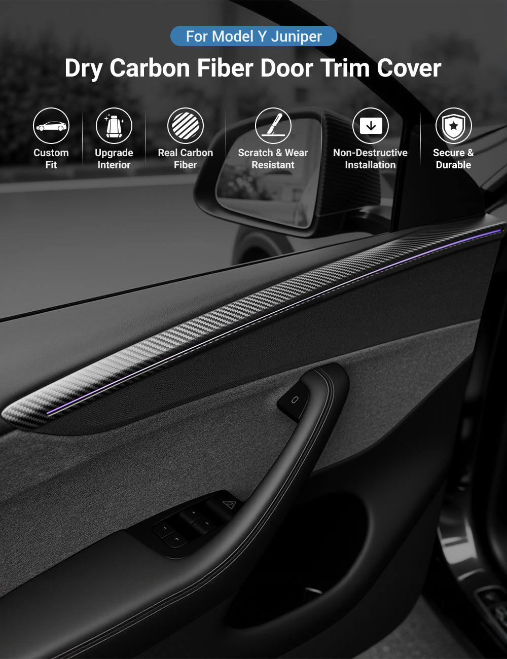 TESERY Dry Carbon Fiber Door Trim Cover for Tesla Model Y Juniper