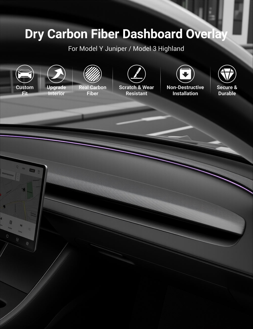 TESERY Real Dry Carbon Fiber Dashboard Cover Overlay for Model 3 Highland / Model Y Juniper