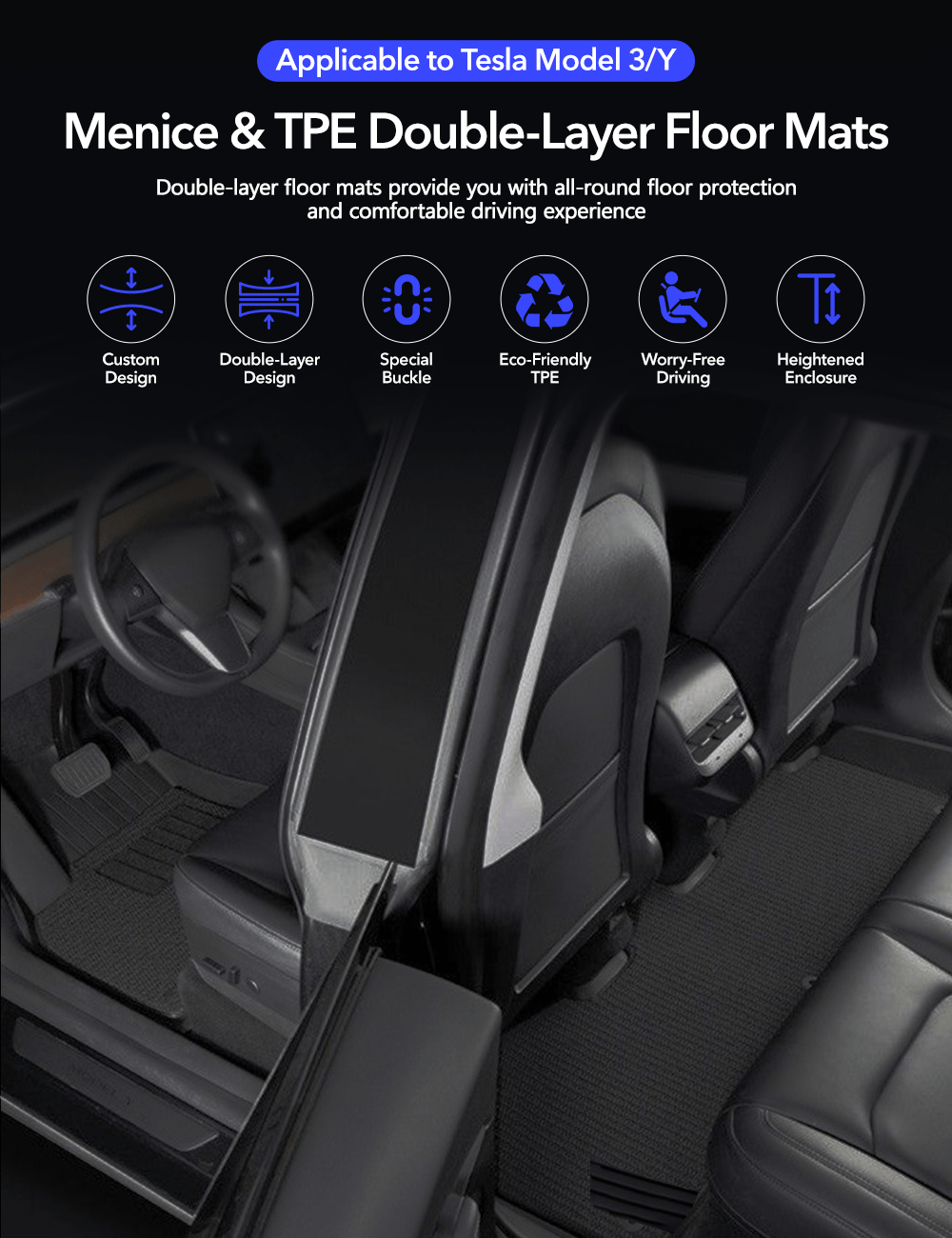 TESERY TPE+Menes Double Layer Floor Mats for Tesla Model 3 & Model Y