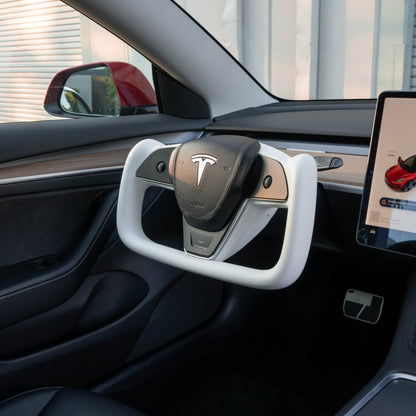 TESERY Yoke Plaid Steering Wheel for Tesla Model 3 / Y【White Leather】