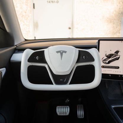 TESERY Yoke Plaid Steering Wheel for Tesla Model 3 / Y【White Leather】