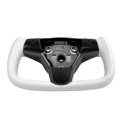 White Leather Yoke Steering Wheel for Tesla Model 3 / Y【Style 7】