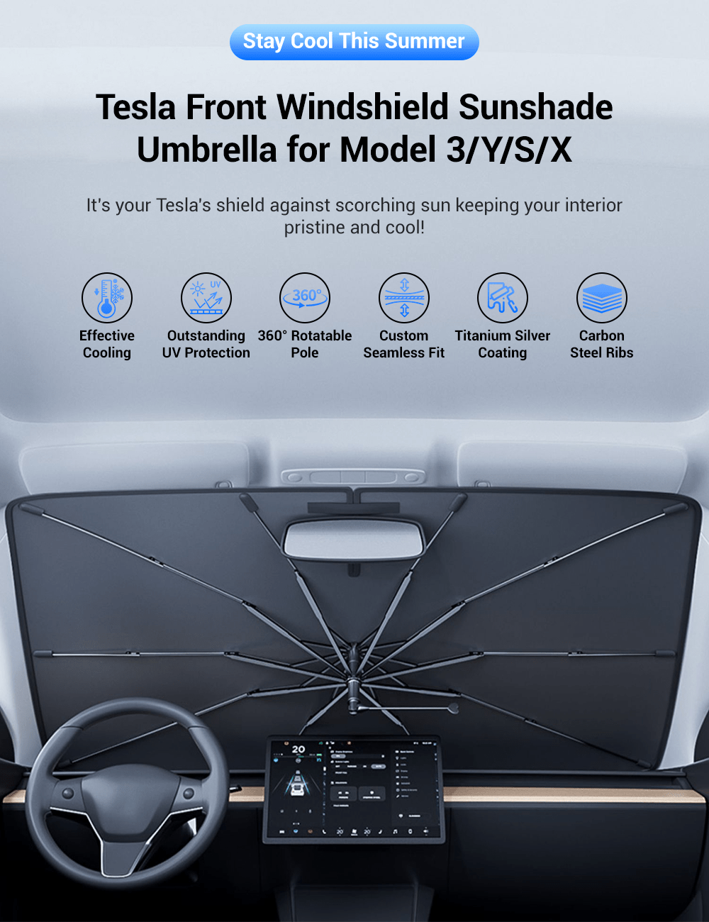 Windshield Sun Shade Umbrella for Tesla Model 3/Y/S/X
