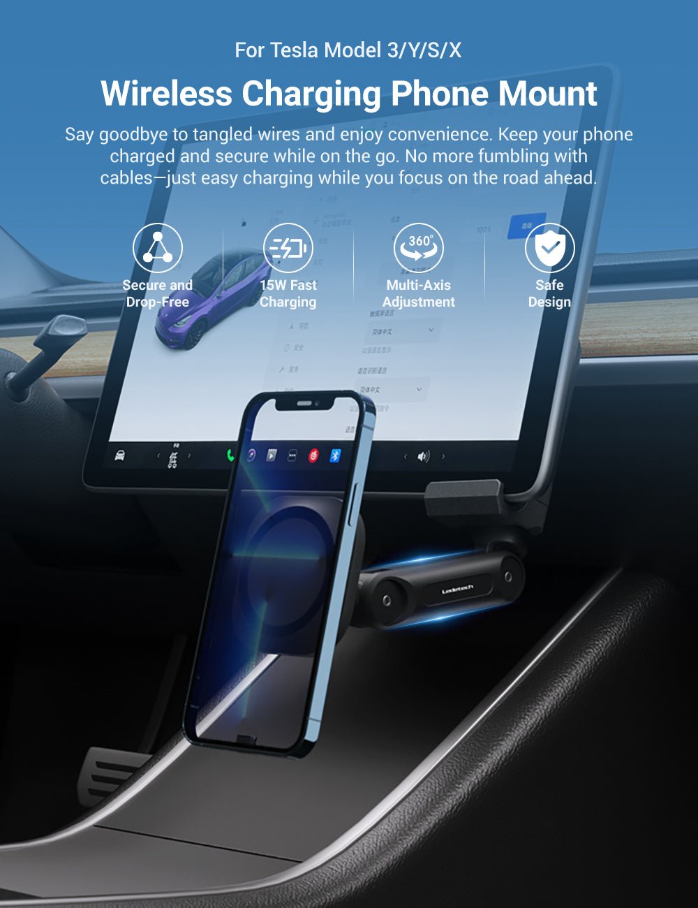 Wireless Charging Phone Mount For Tesla Model 3/Y